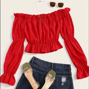 solid ruffle trim off shoulder blouse - Xs
